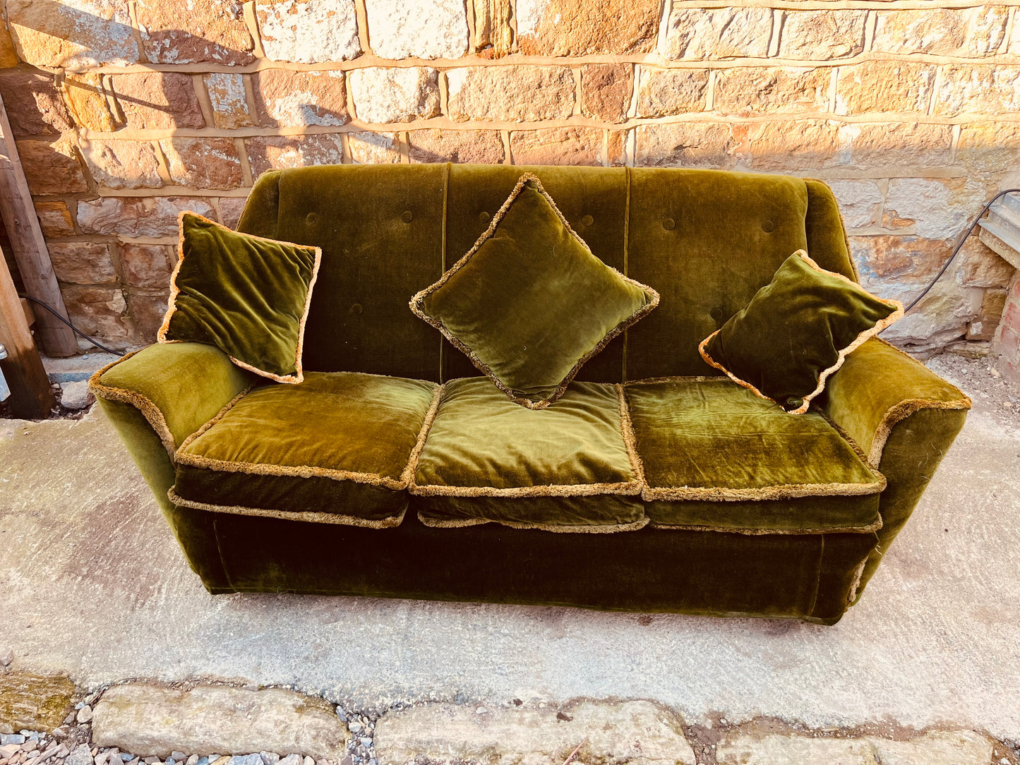 Vintage Olive Green Velvet Sofa – 1970s Three Seater Country House Style