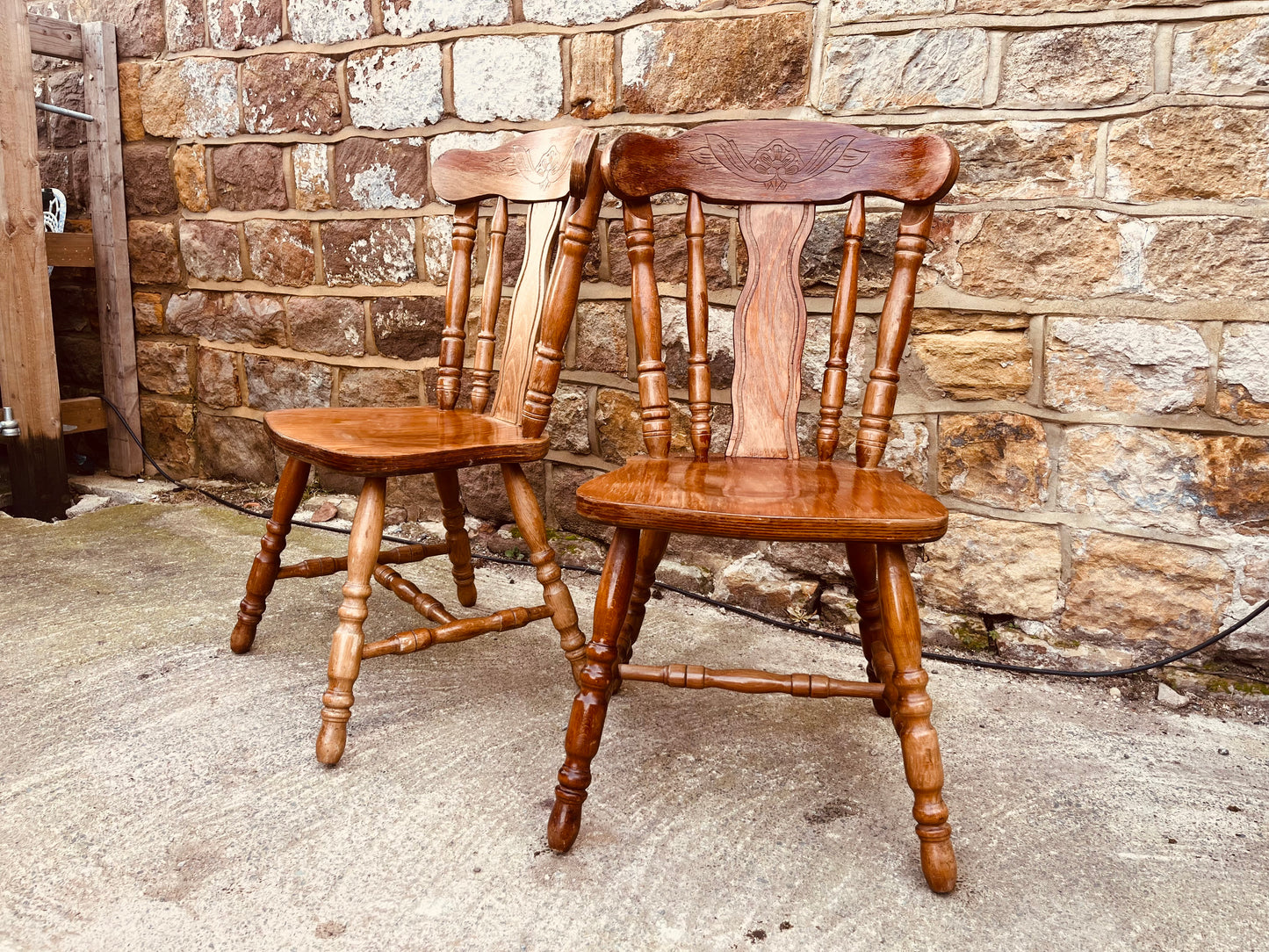 Vintage Farmhouse Solid Wood Kitchen Chairs – Pair of Rustic Country Dining Chairs