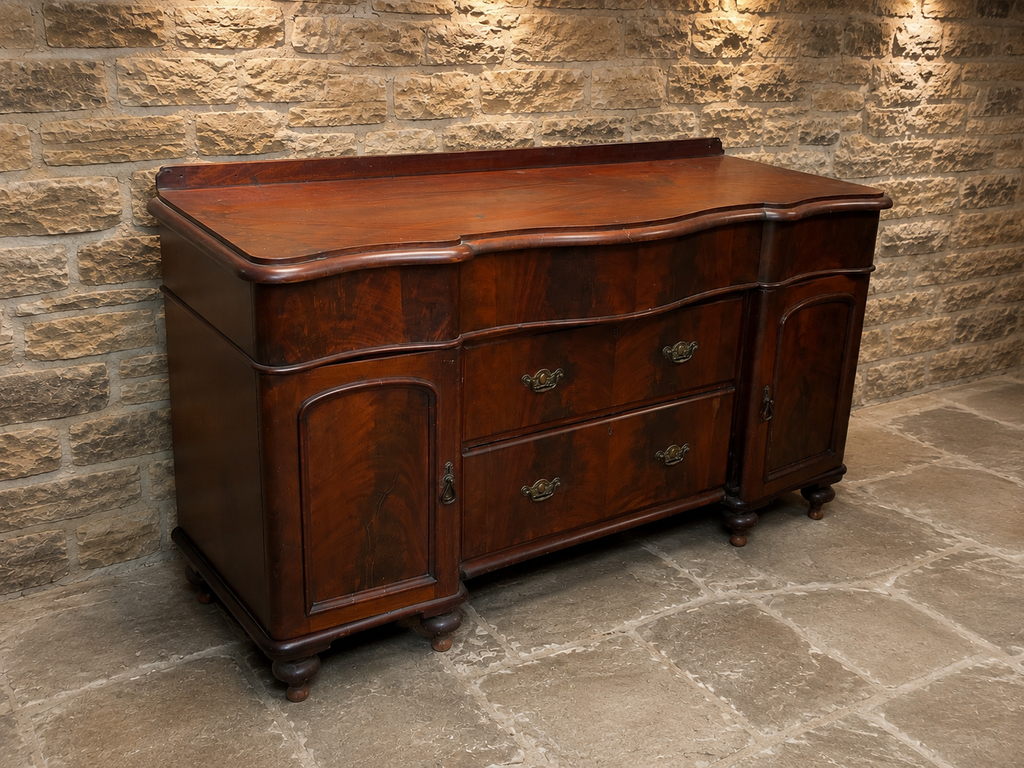 Antique Victorian Mahogany Serpentine Sideboard | c.1840–1860 | Figured Wood Chiffonier | Large Country House Storage Cabinet