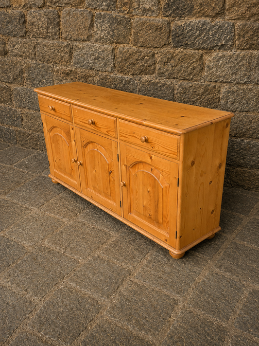 Vintage Rustic Pine Sideboard with Three Drawers & Cupboard Storage