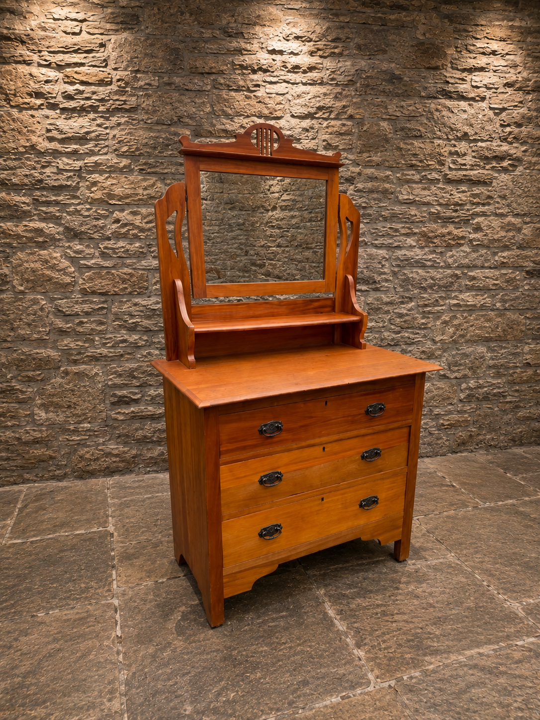 Antique Edwardian Satin Walnut Dressing Table with Original Bevelled Mirror | Art Nouveau Vanity Chest | Circa 1905