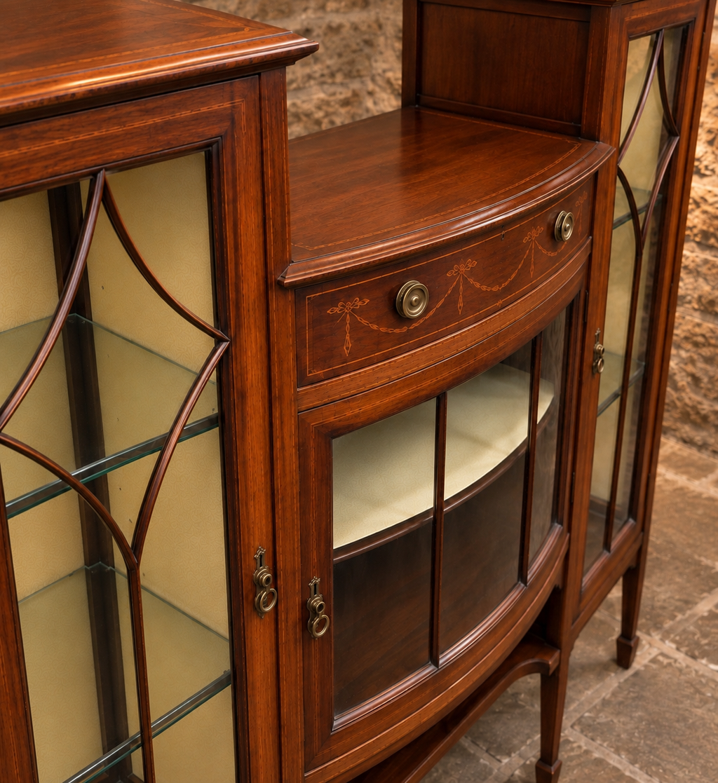 Antique Edwardian Mahogany Inlaid Display Cabinet – Bow Front Glazed China Cabinet