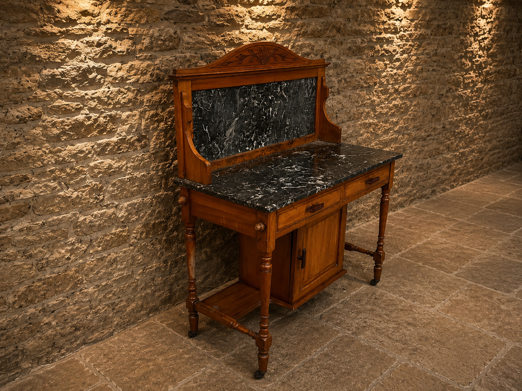 Victorian French Walnut Marble Top Washstand | Antique Fossil Marble Vanity Cabinet | Circa 1880–1900