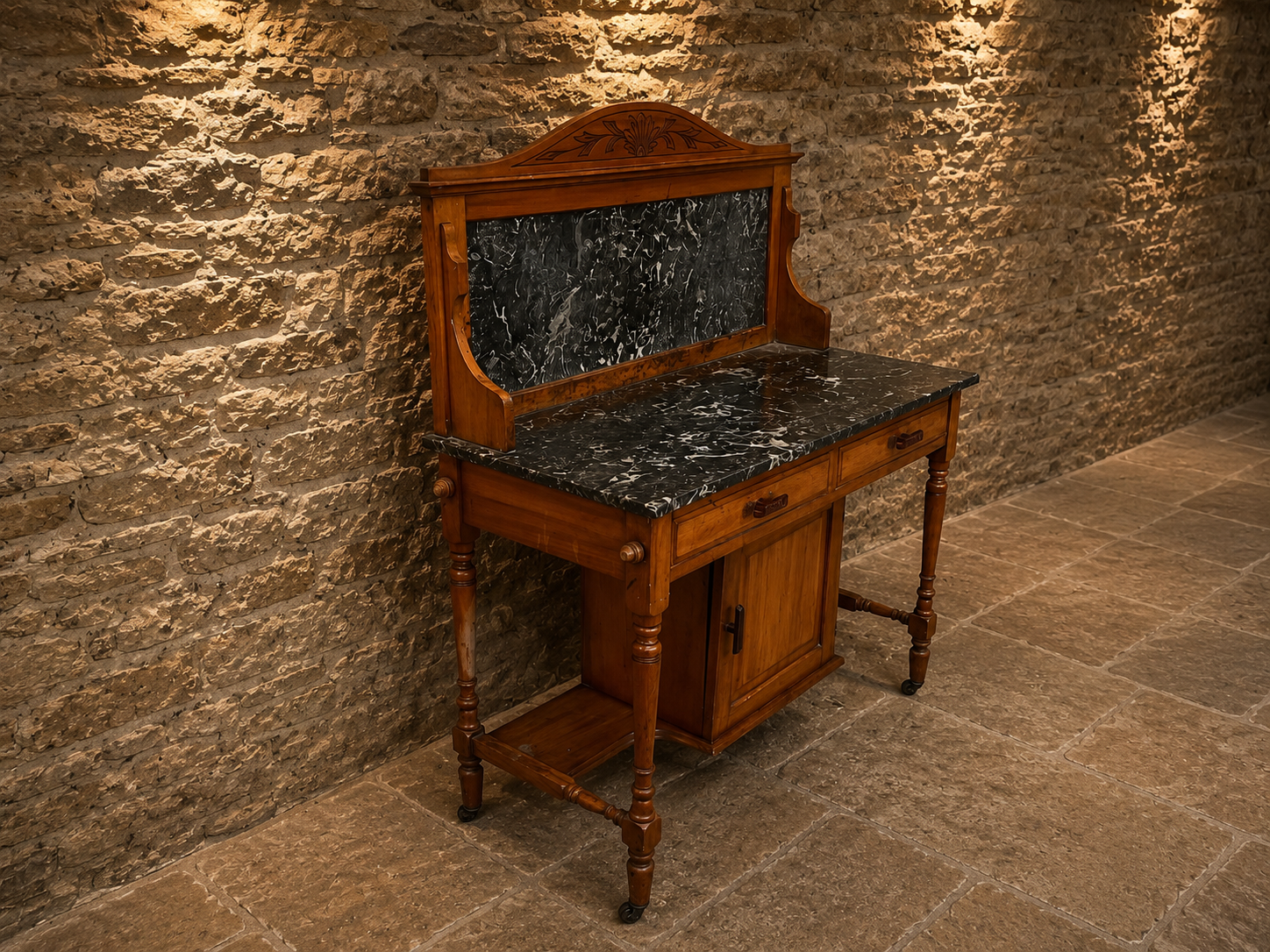 Victorian French Walnut Marble Top Washstand | Antique Fossil Marble Vanity Cabinet | Circa 1880–1900