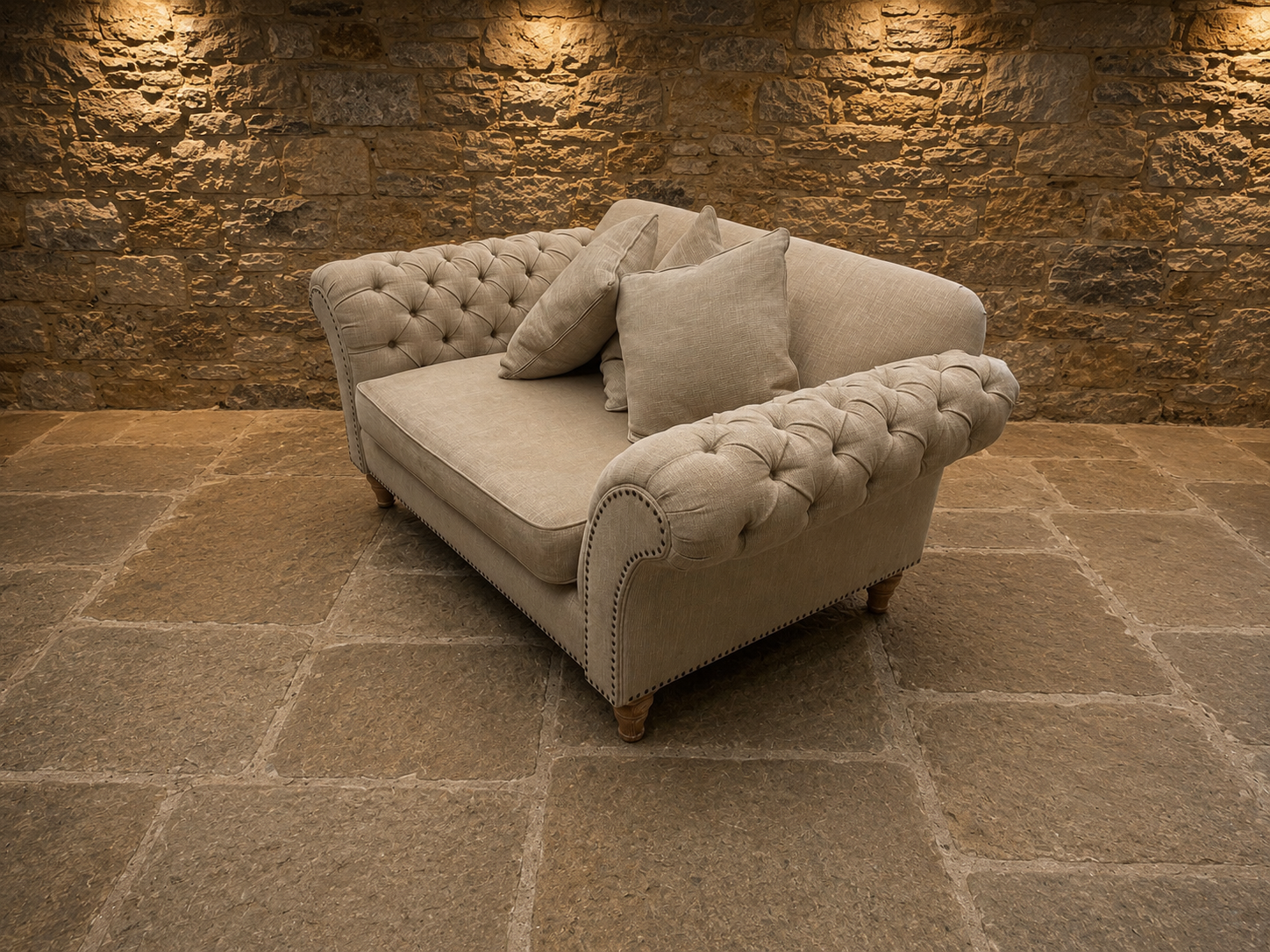 Luxury Chesterfield Style Oversized Snuggler Sofa – Neutral Linen Buttoned Love Seat
