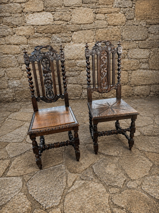 Pair of Antique Victorian Gothic Revival Oak Chairs c1870