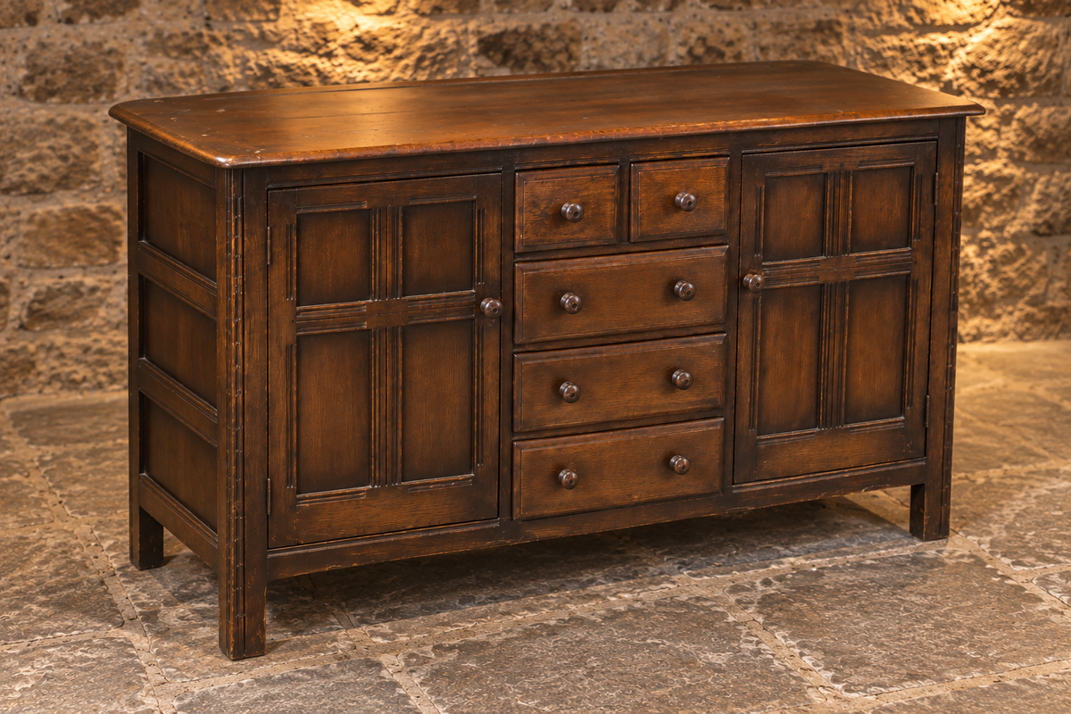 Vintage Ercol Dark Oak Sideboard Dresser – Five Drawers & Two Cupboards
