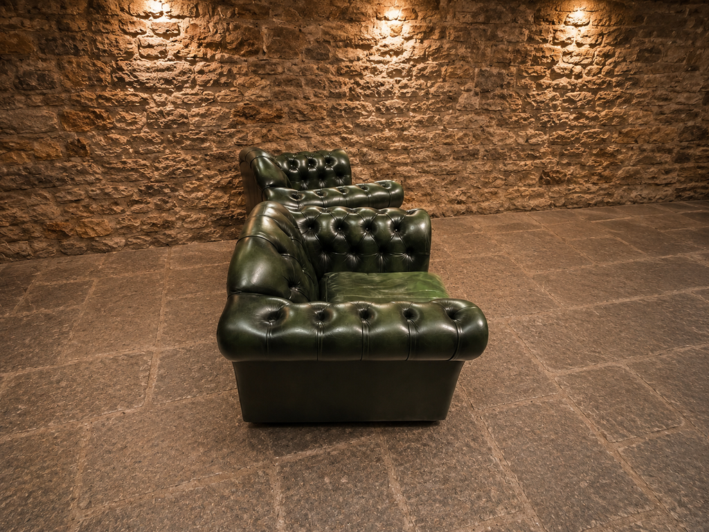 Vintage Pair of Green Leather Chesterfield Club Armchairs