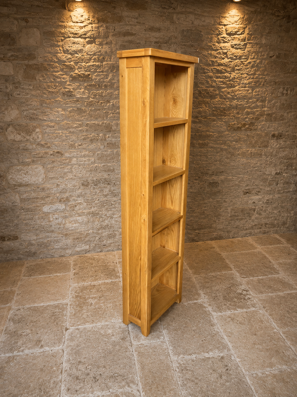 Solid Oak Tall Narrow Bookcase – Rustic Slimline Five-Tier Shelving Unit