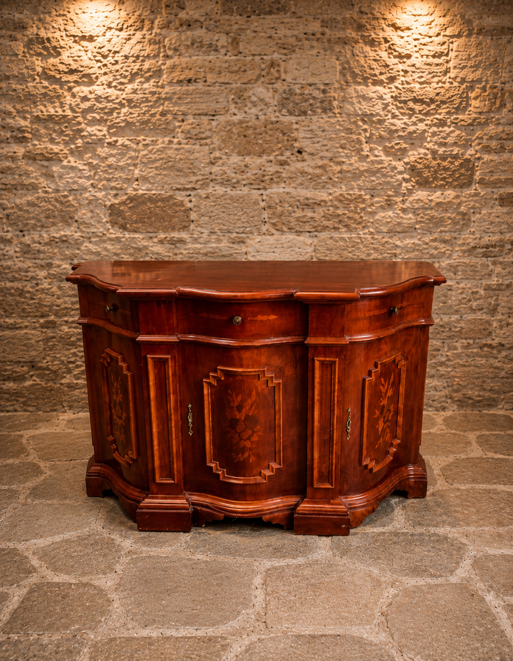 Antique Italian Walnut Marquetry Sideboard | Serpentine Credenza | Neoclassical Revival Buffet Cabinet | Circa 1920