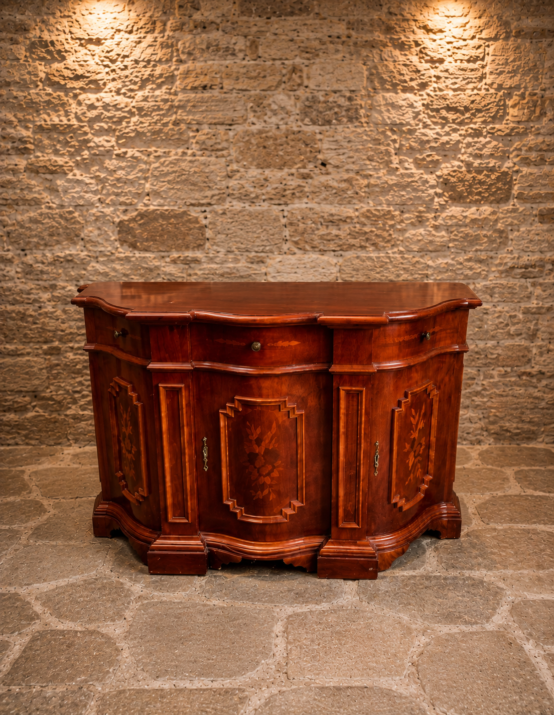 Antique Italian Walnut Marquetry Sideboard | Serpentine Credenza | Neoclassical Revival Buffet Cabinet | Circa 1920