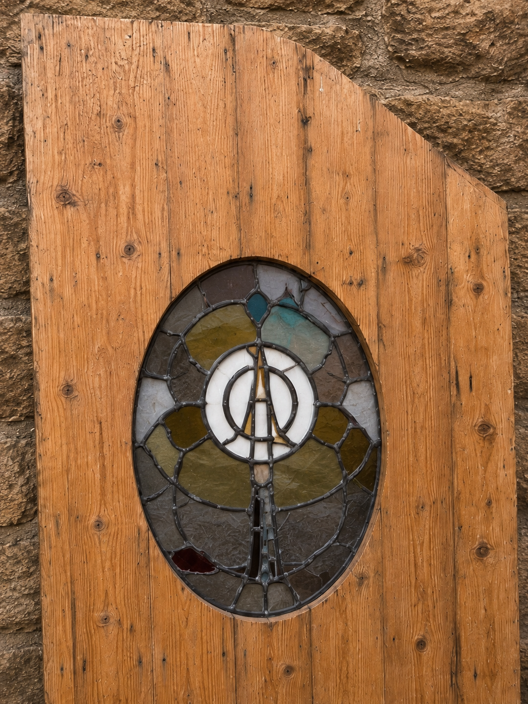Antique Pine Door with Leaded Stained Glass Panel c.1900