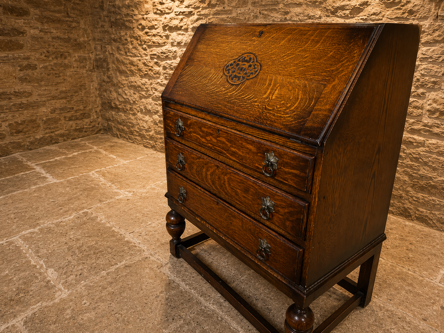 Antique Jacobean Revival Oak Bureau Writing Desk with Fitted Interior c.1930