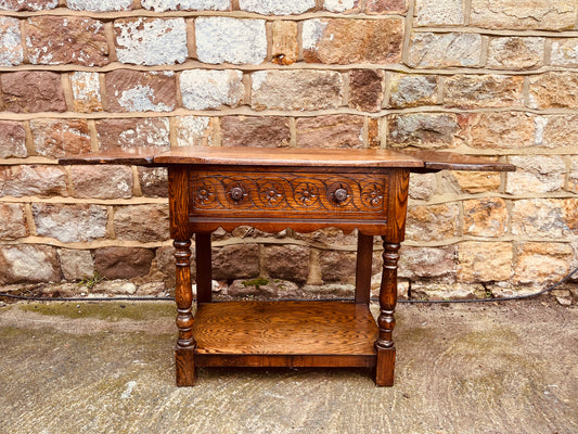 Vintage Solid Oak Drop-Leaf Side Table with Carved Detail & Lower Shelf