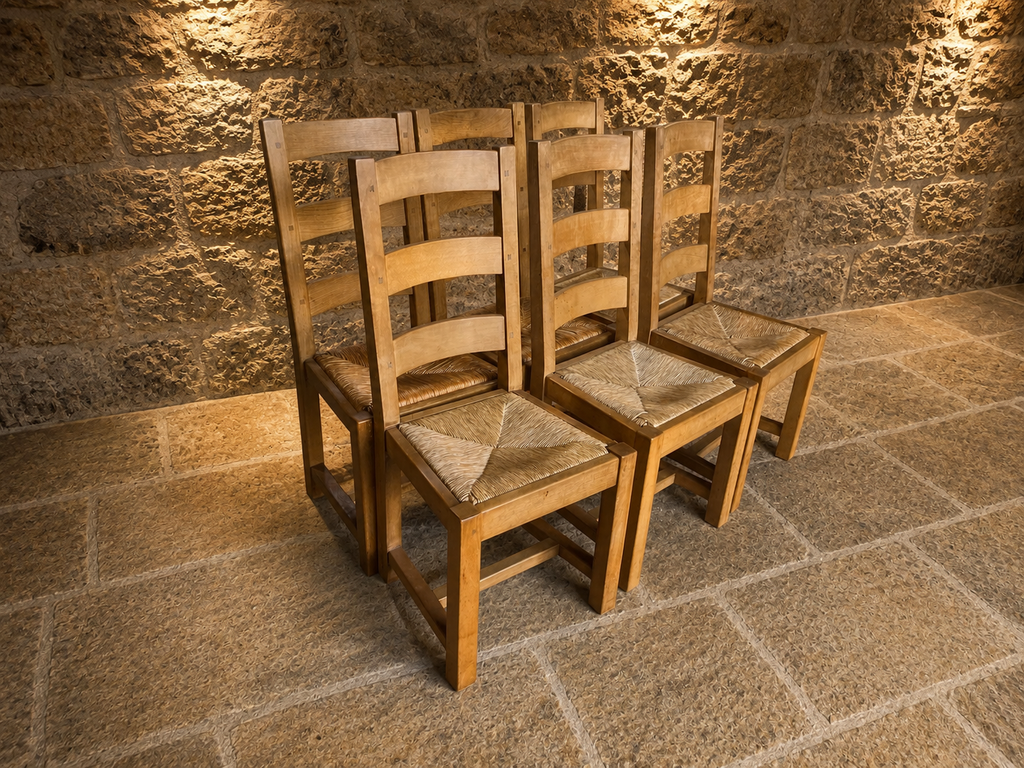 Set of 6 Solid Oak Arts & Crafts Ladder Back Dining Chairs with Rush Seats