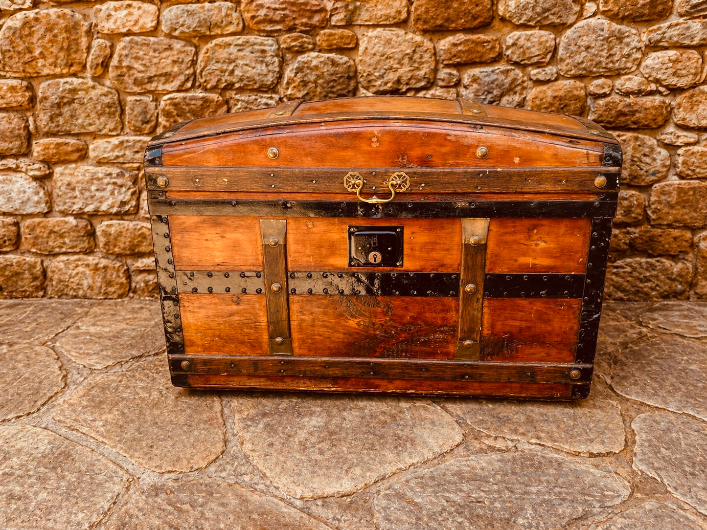 Late Victorian Domed Travel Trunk – Antique Wooden Chest with Iron Strapping