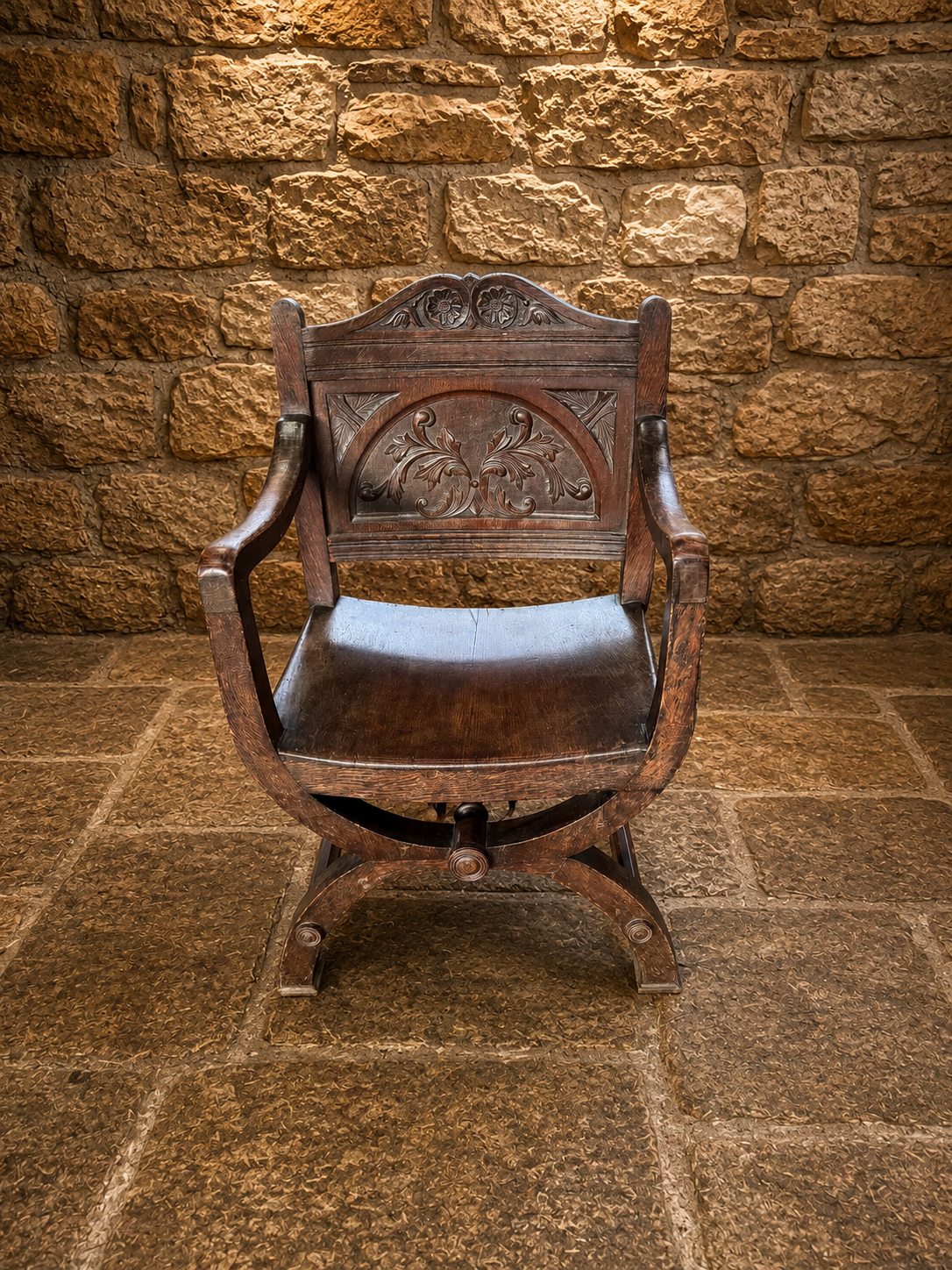 Antique Carved Oak Savonarola Style Gothic Revival Armchair