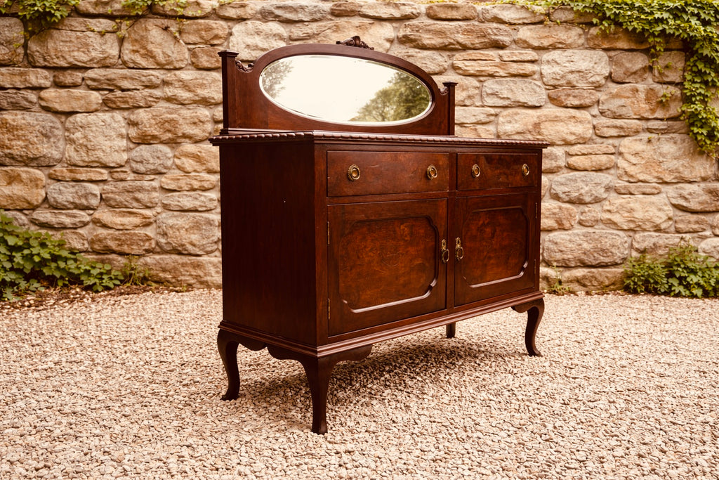 1920s Serpentine Walnut Sideboard with Mirror Back – Queen Anne Style Cabinet
