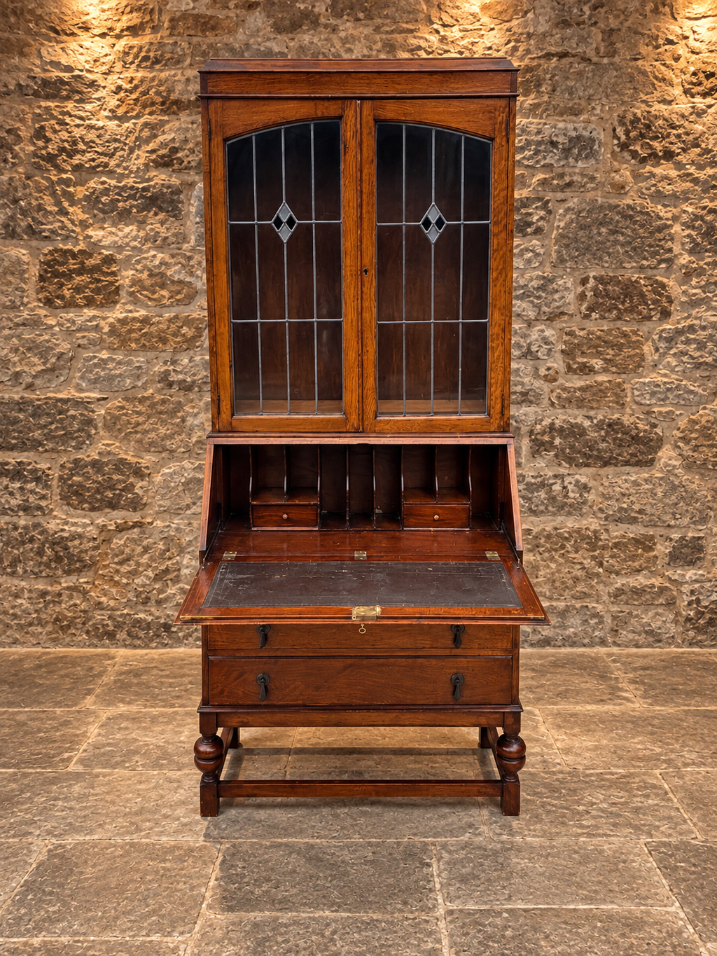 Antique Oak Bureau Bookcase with Leaded Glass Doors – c.1920