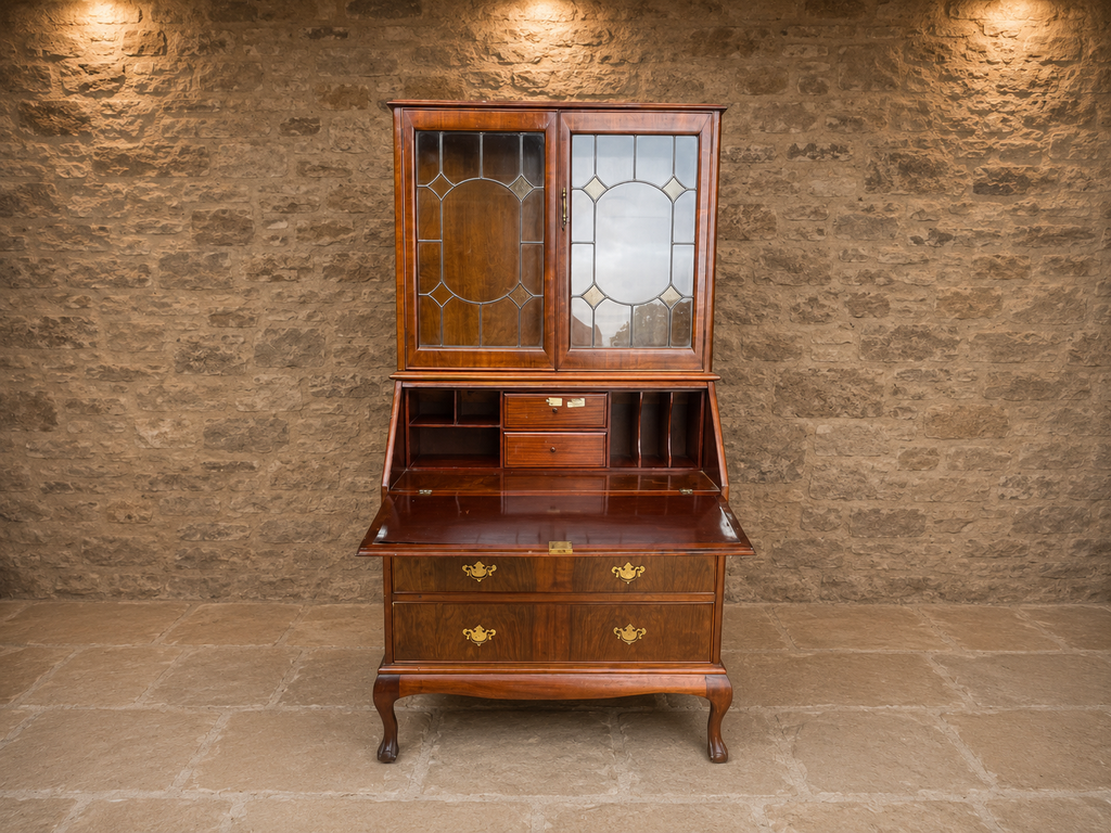 Antique George II Revival Walnut Bureau Bookcase | Glazed Display Cabinet & Writing Desk | Circa 1925–1935