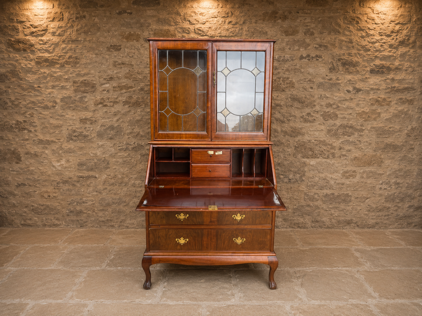 Antique George II Revival Walnut Bureau Bookcase | Glazed Display Cabinet & Writing Desk | Circa 1925–1935