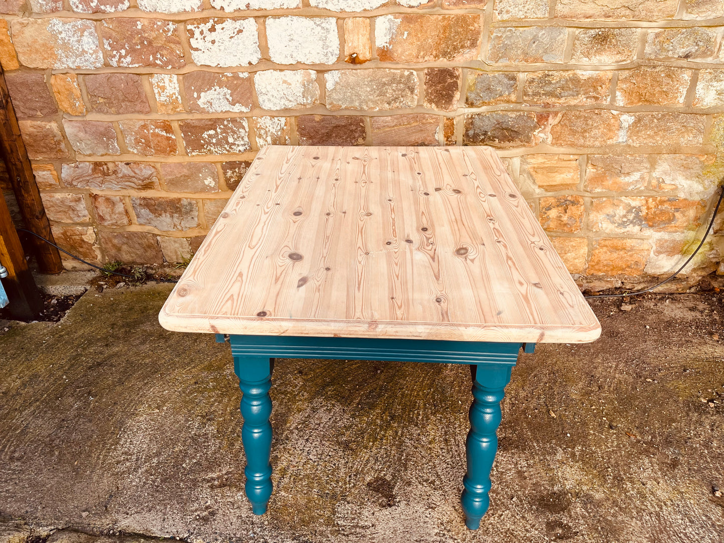 Vintage Pine Table – Refinished Top & Teal Turned Legs