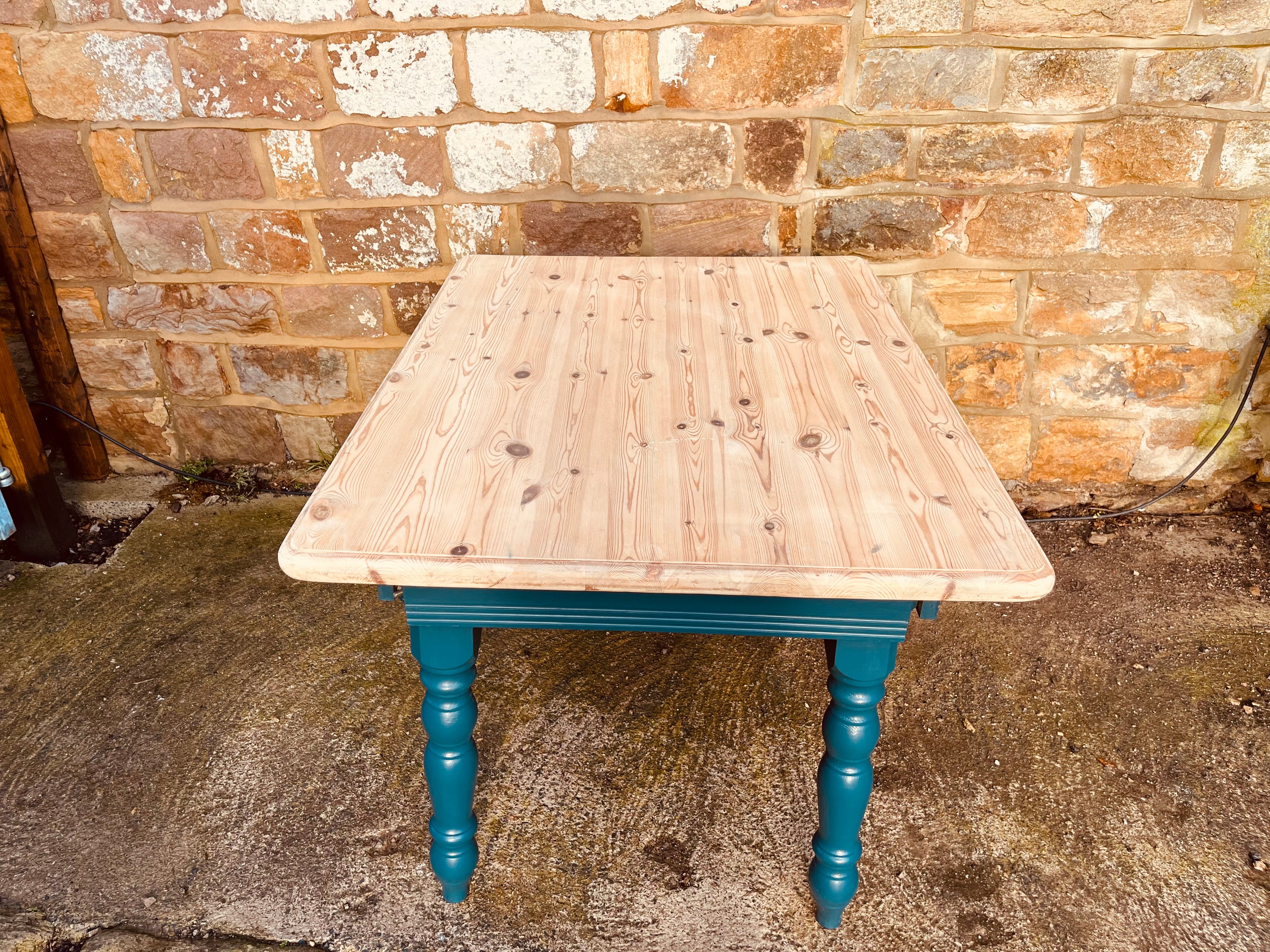 Vintage Pine Table – Refinished Top & Teal Turned Legs