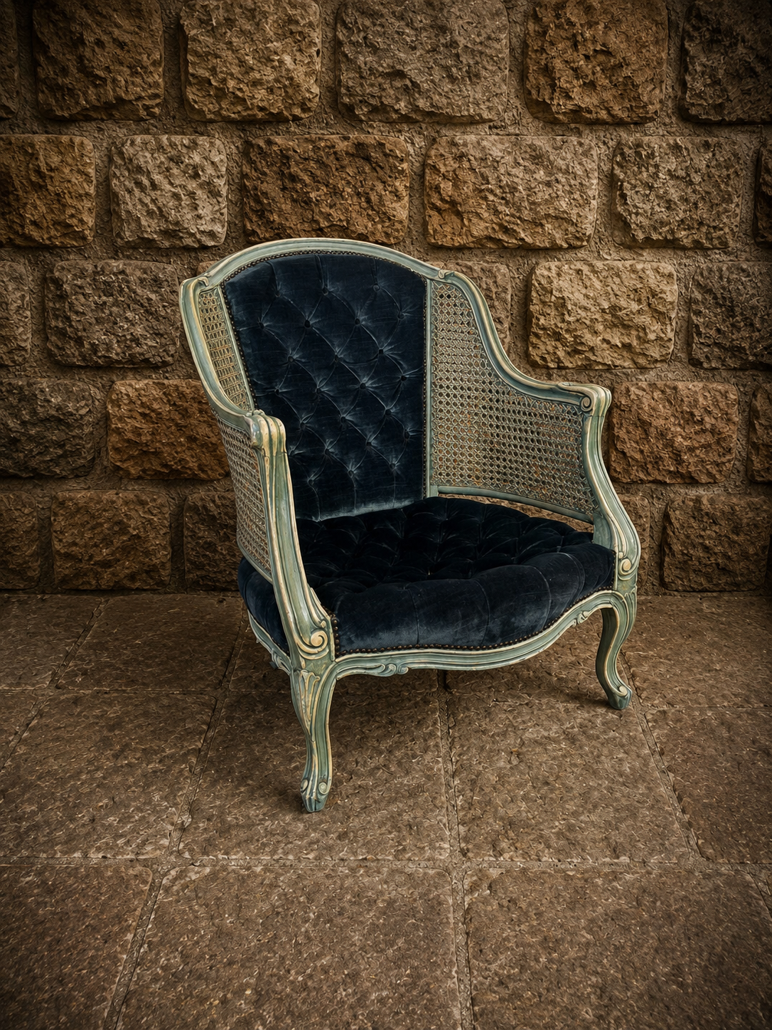 French Louis XV Style Blue Velvet Bergère Armchair