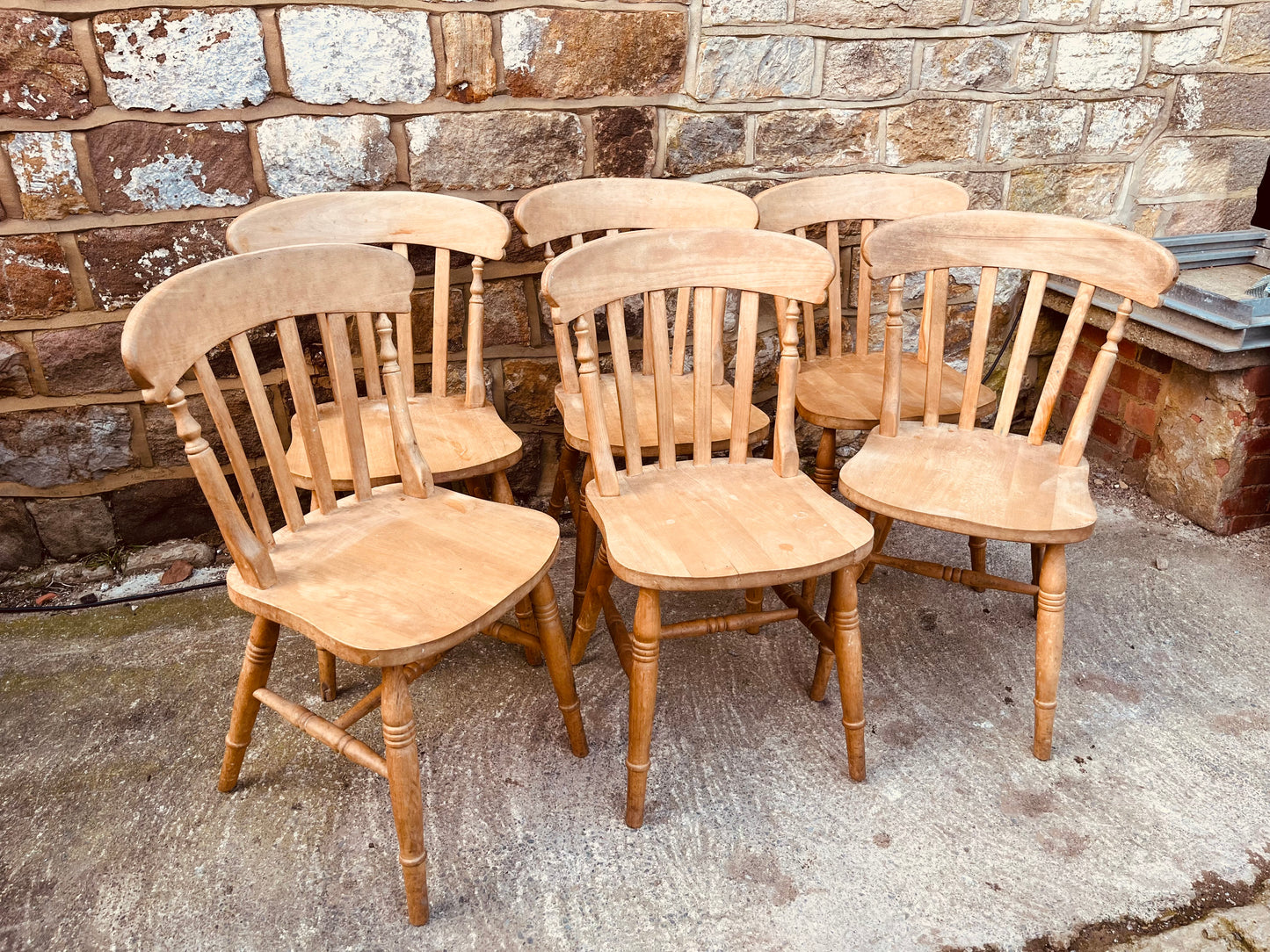 Set of Six Vintage Farmhouse Windsor Dining Chairs – Rustic Solid Wood Kitchen Chairs