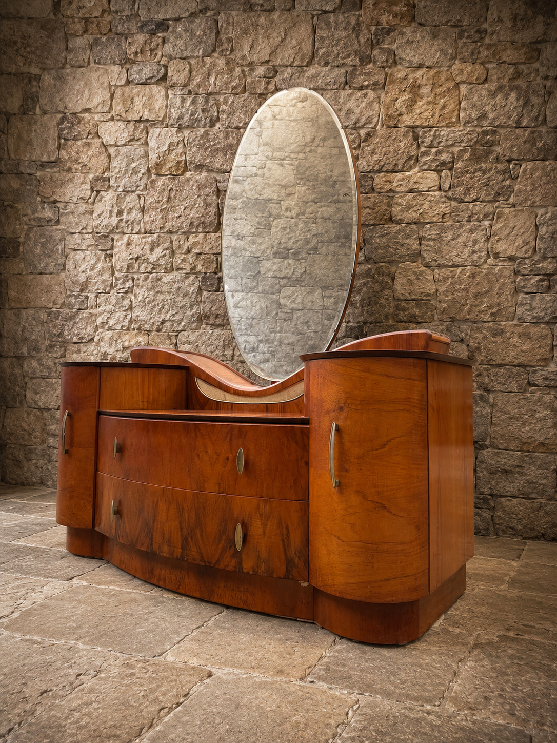 Art Deco Walnut Dressing Table | Vintage Burr Walnut Vanity Unit | 1930s Waterfall Vanity Table | Oval Mirror Dressing Table