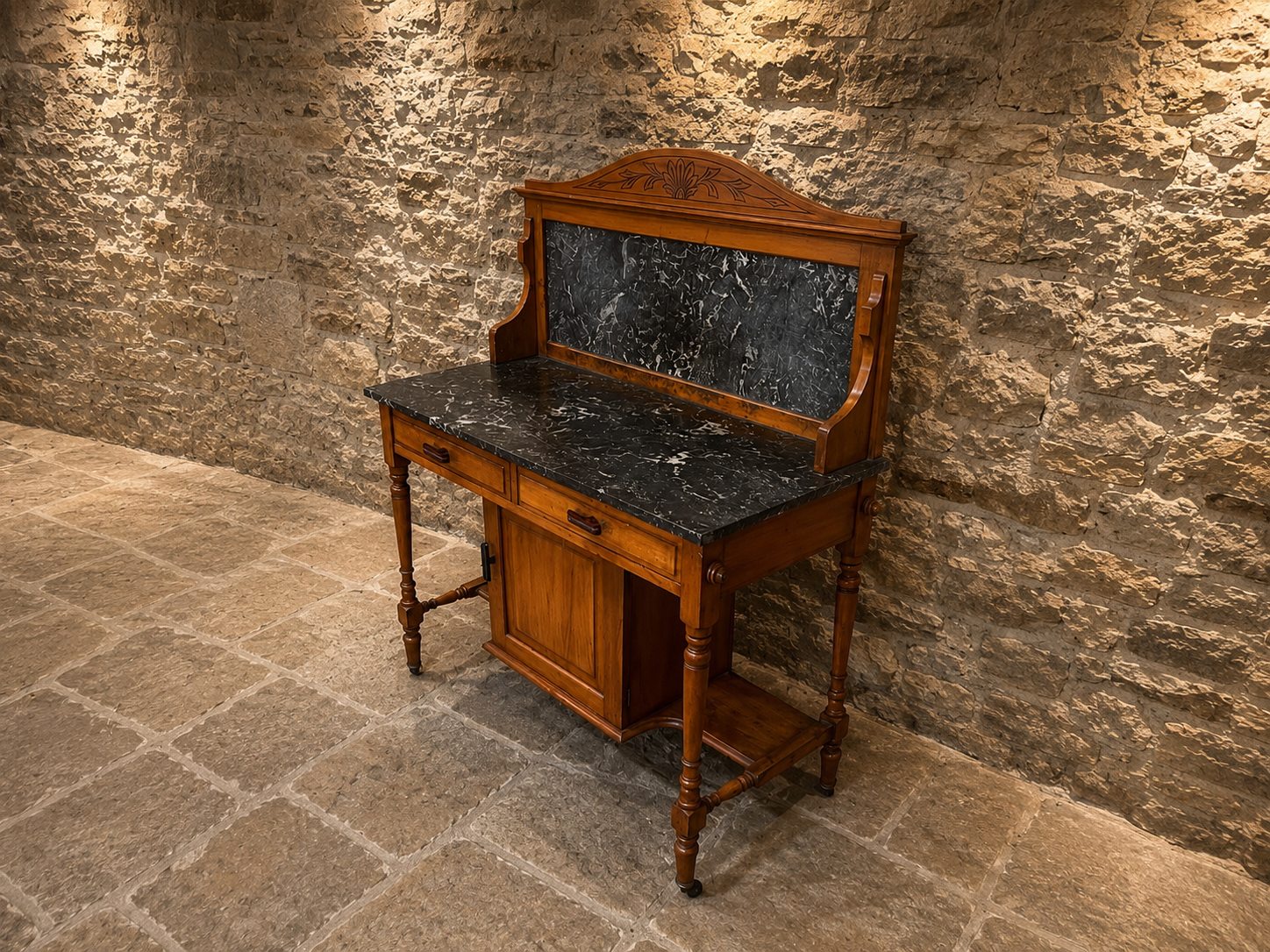 Victorian French Walnut Marble Top Washstand | Antique Fossil Marble Vanity Cabinet | Circa 1880–1900