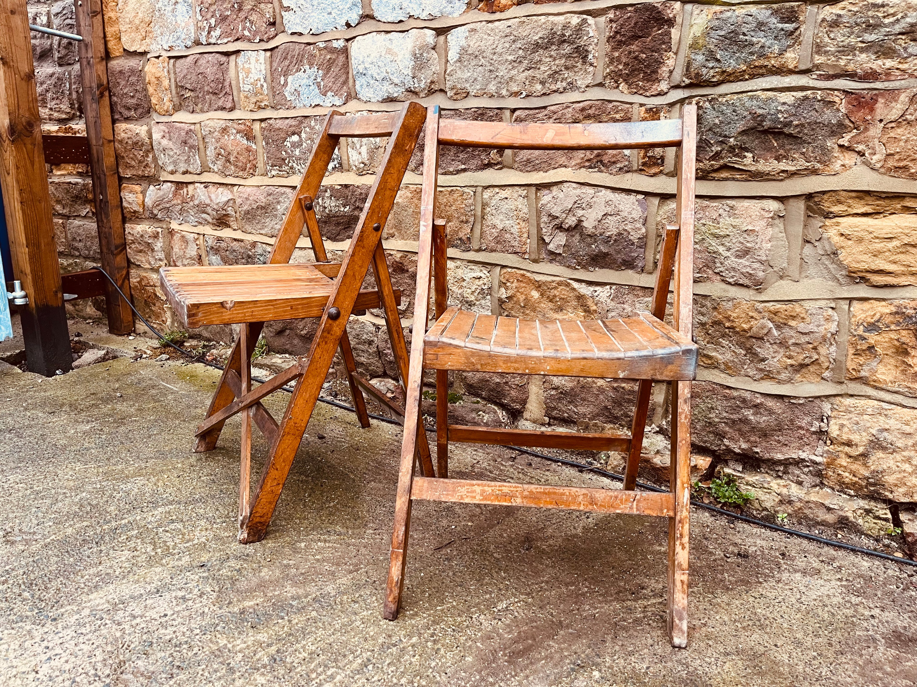 Pair of Vintage Wooden Folding Chairs – Rustic Slatted Seating | Cottage & Farmhouse Decor