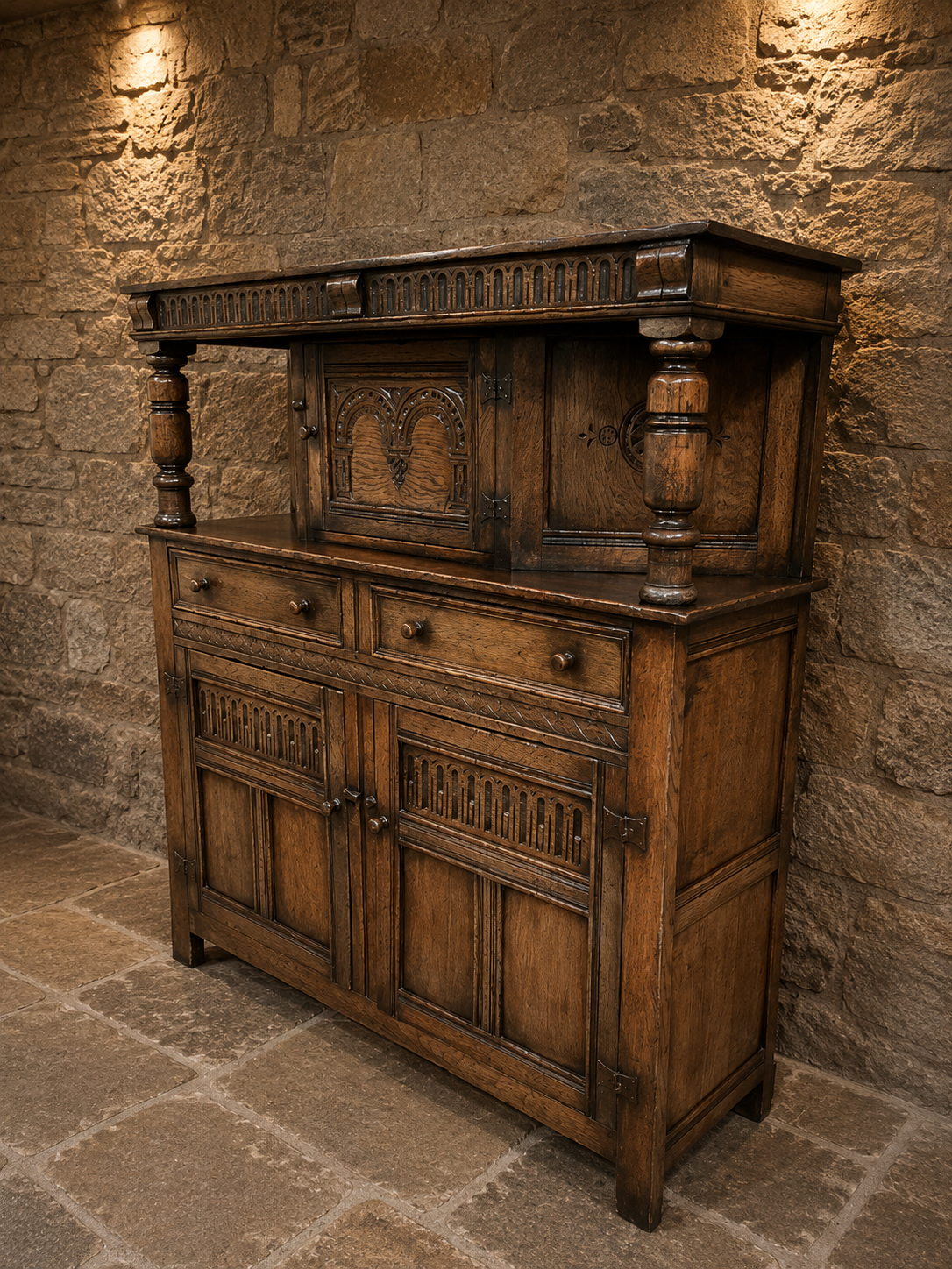 Antique Arts & Crafts Oak Dresser Sideboard | Jacobean Revival Carved Buffet Cabinet | English Oak | c.1900–1925