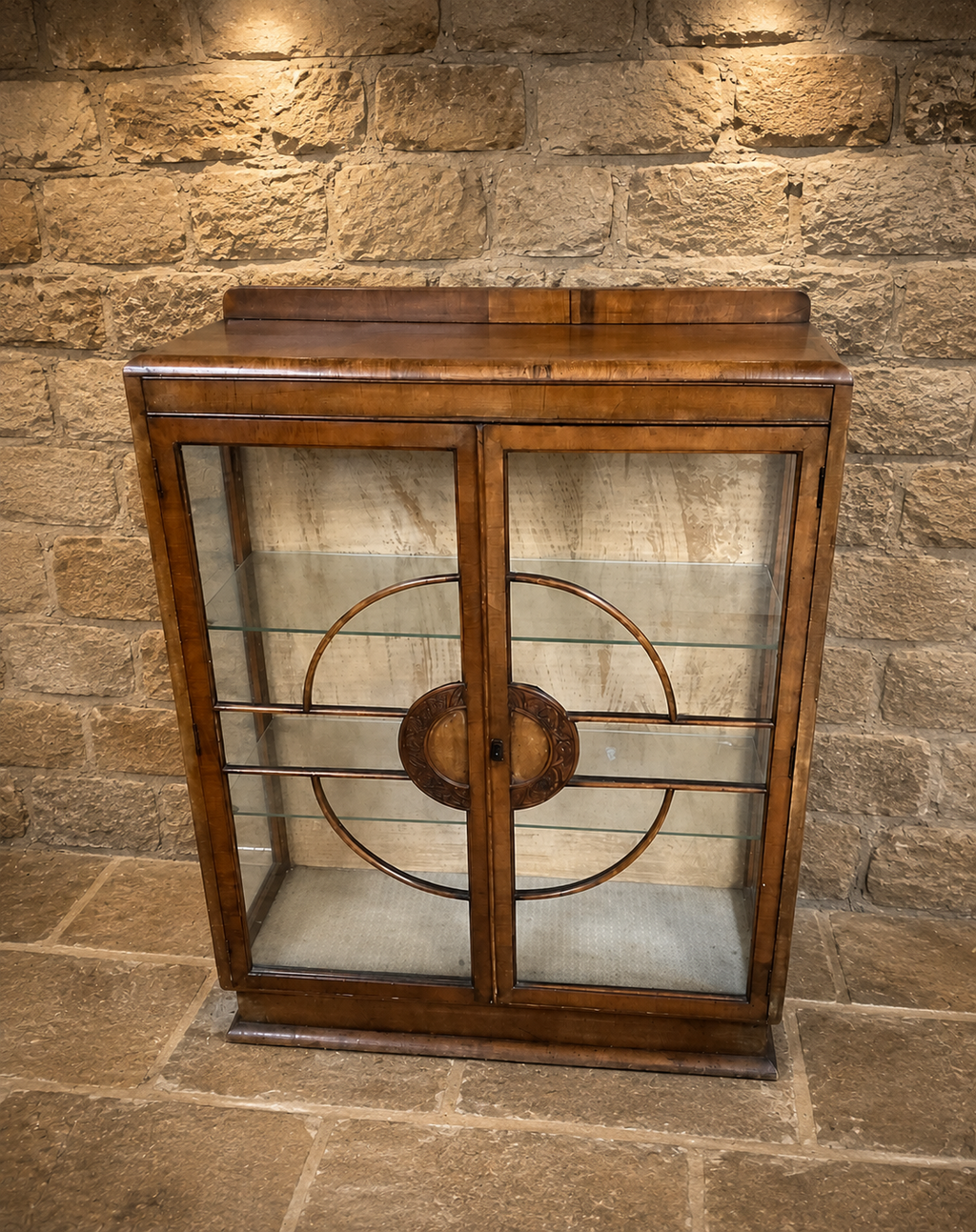 1930s Art Deco Figured Walnut Glazed Display Cabinet