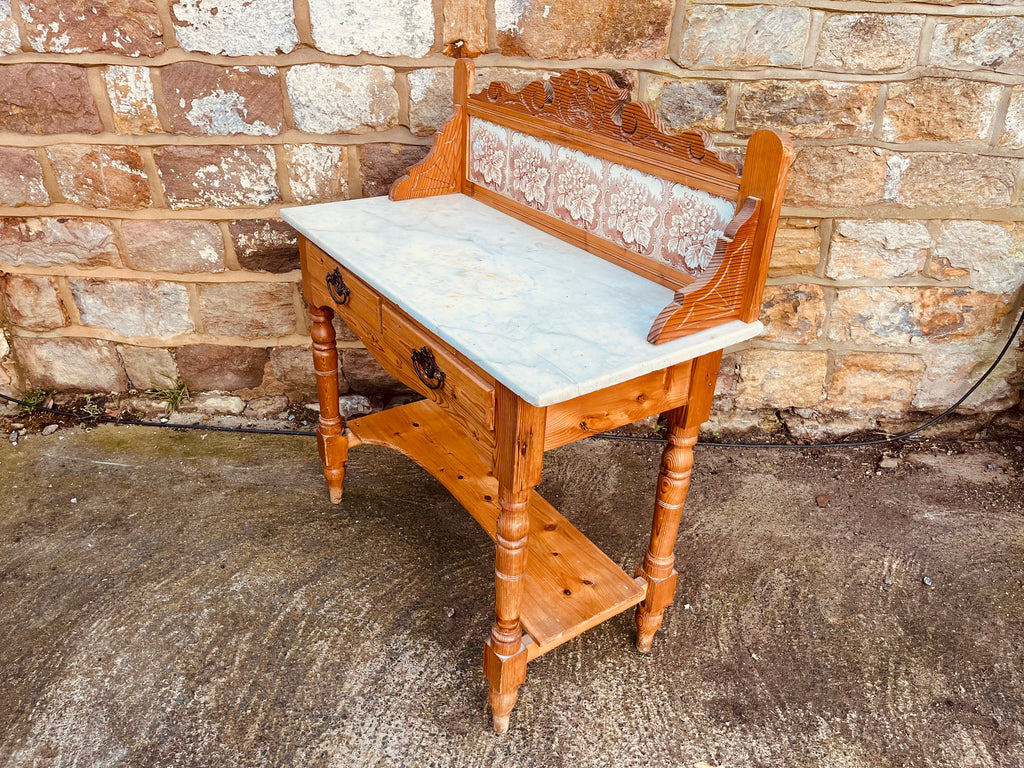 Victorian Pine Washstand with Marble Top & Floral Tile Back – Antique Vanity / Console Table (c.1900)