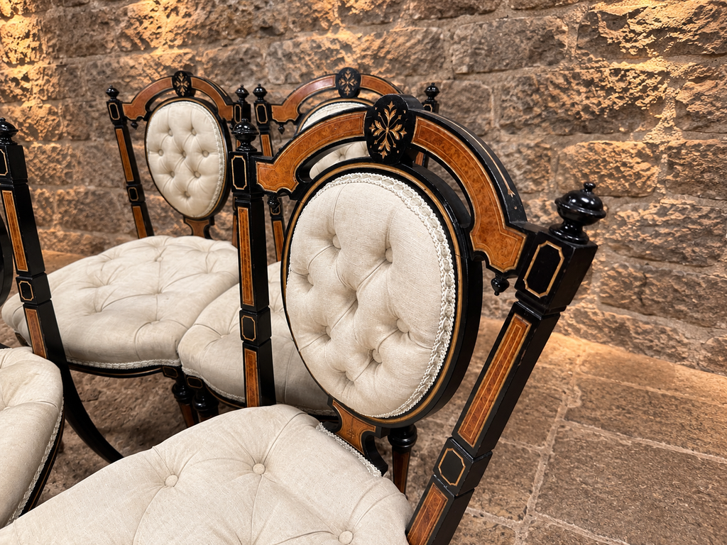 Set of 4 Victorian Aesthetic Movement Ebonised & Burr Walnut Inlaid Dining Chairs c.1875