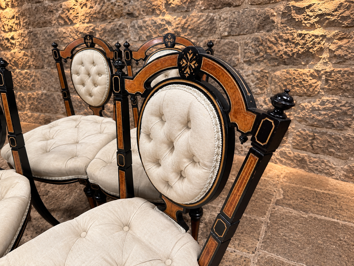 Set of 4 Victorian Aesthetic Movement Ebonised & Burr Walnut Inlaid Dining Chairs c.1875