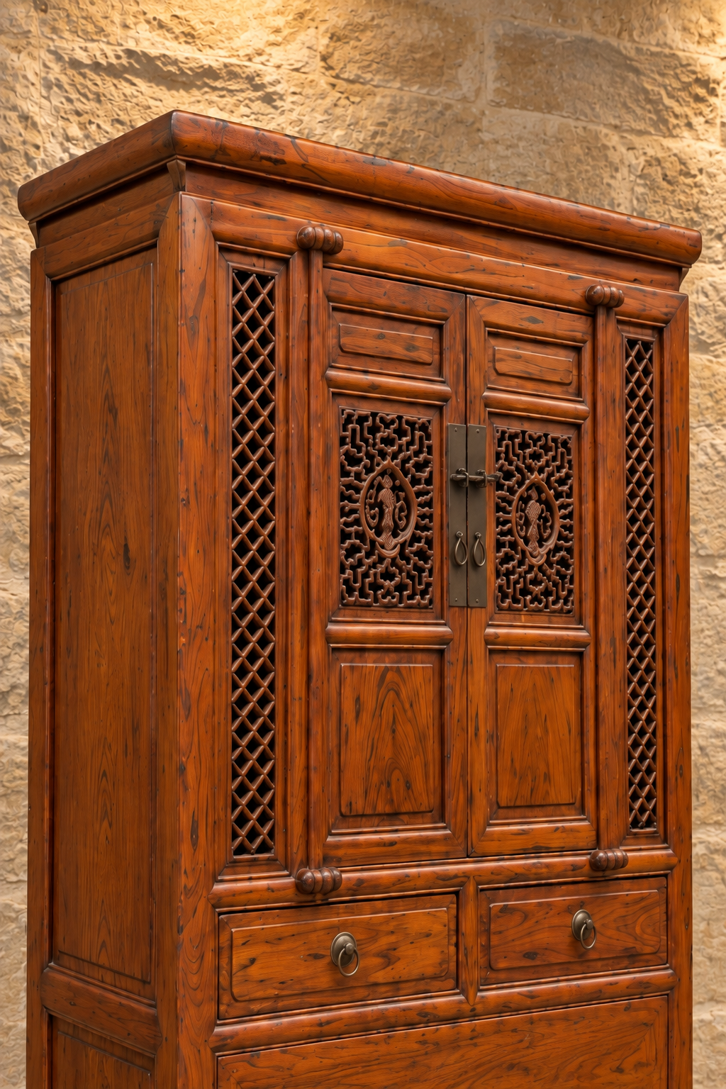 Vintage Chinese carved cabinet with lattice panels