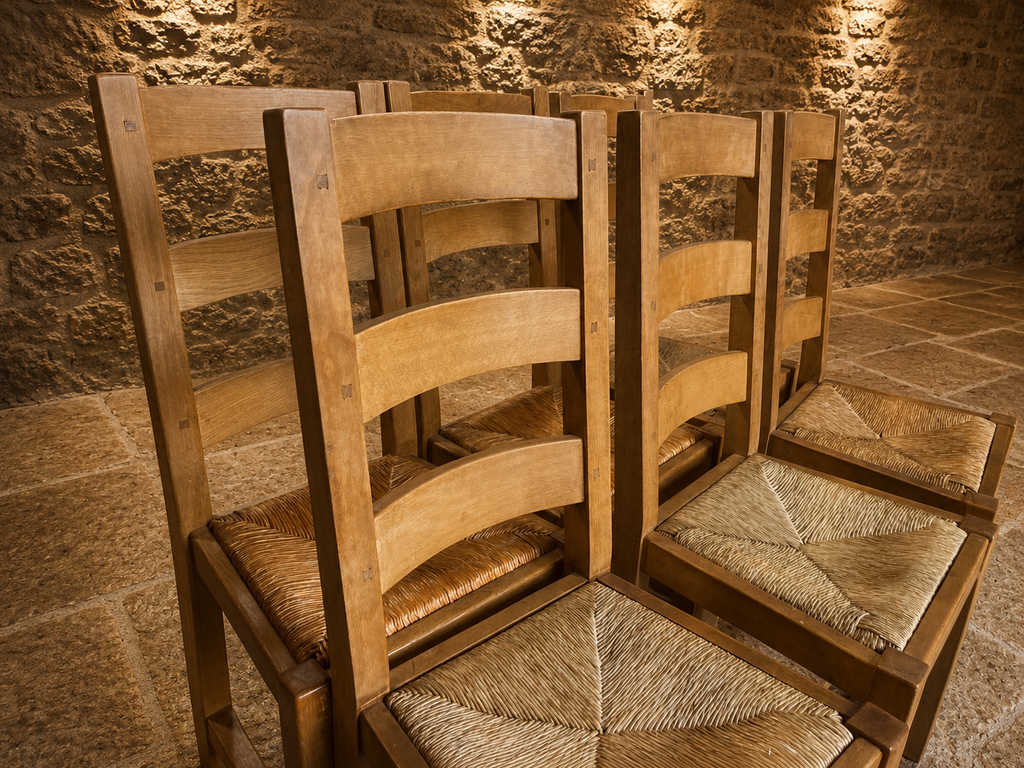 Set of 6 Solid Oak Arts & Crafts Ladder Back Dining Chairs with Rush Seats