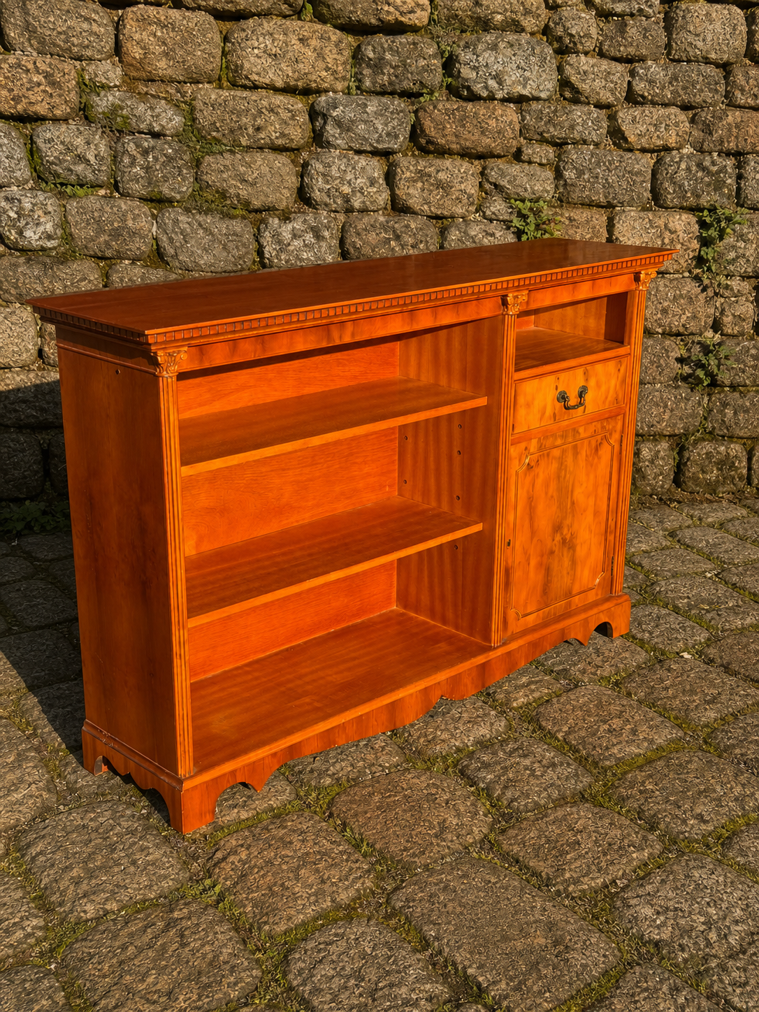 Georgian Style Sideboard Bookcase – Open Shelving Cabinet with Fluted Columns, Yew Finish