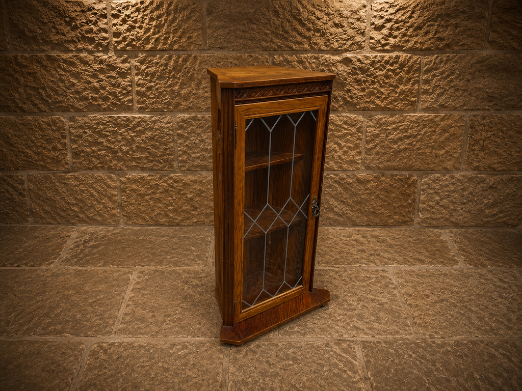 Antique Oak Leaded Glass Corner Display Cabinet | Arts & Crafts Oak Cabinet | Jacobean Revival Corner Cupboard