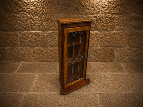 Antique Oak Leaded Glass Corner Display Cabinet | Arts & Crafts Oak Cabinet | Jacobean Revival Corner Cupboard