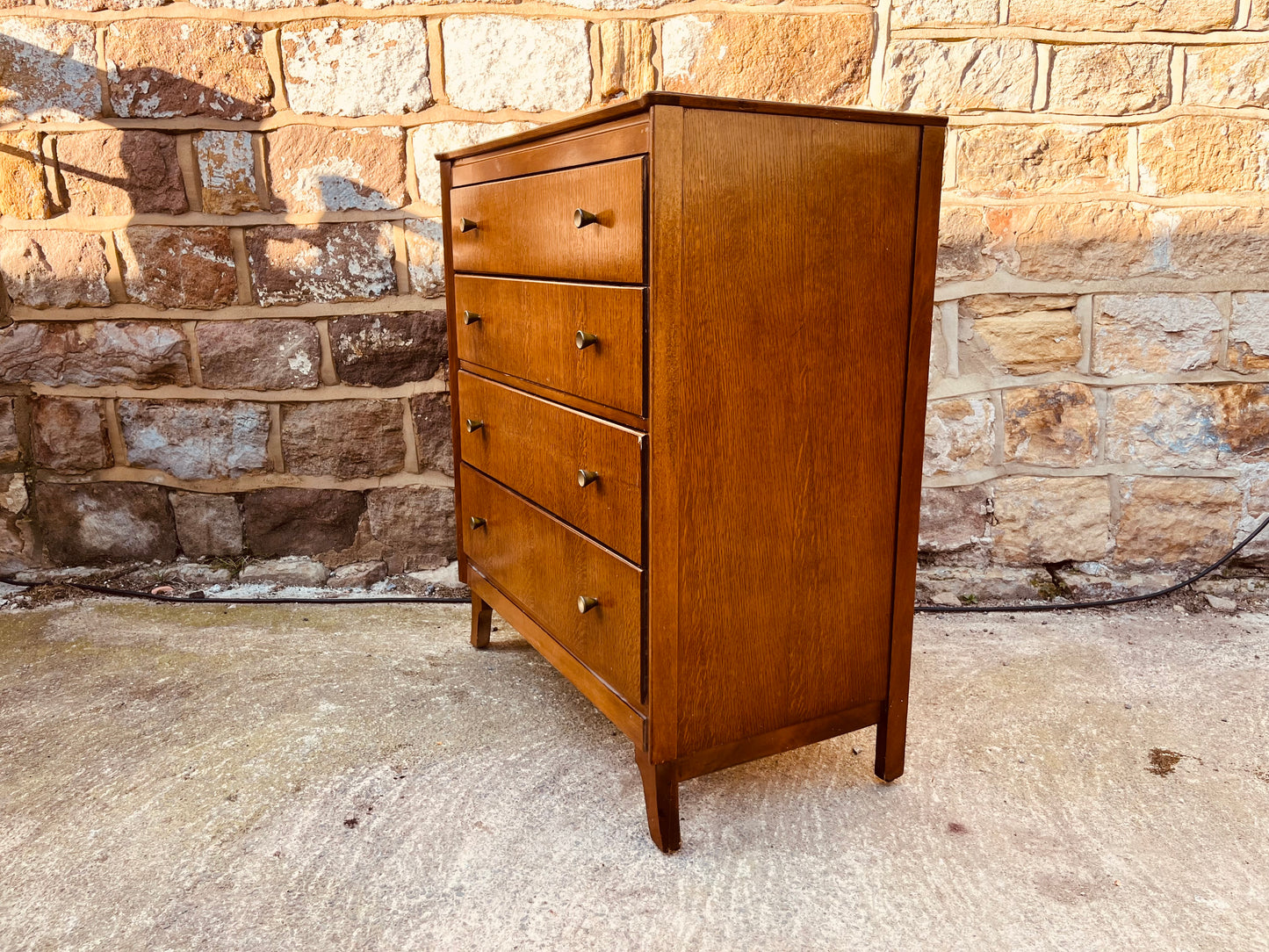 Mid Century Oak Chest of Drawers – Vintage 4 Drawer Dresser – Tiger Oak Veneer Bedroom Storage – 1960s British Furniture