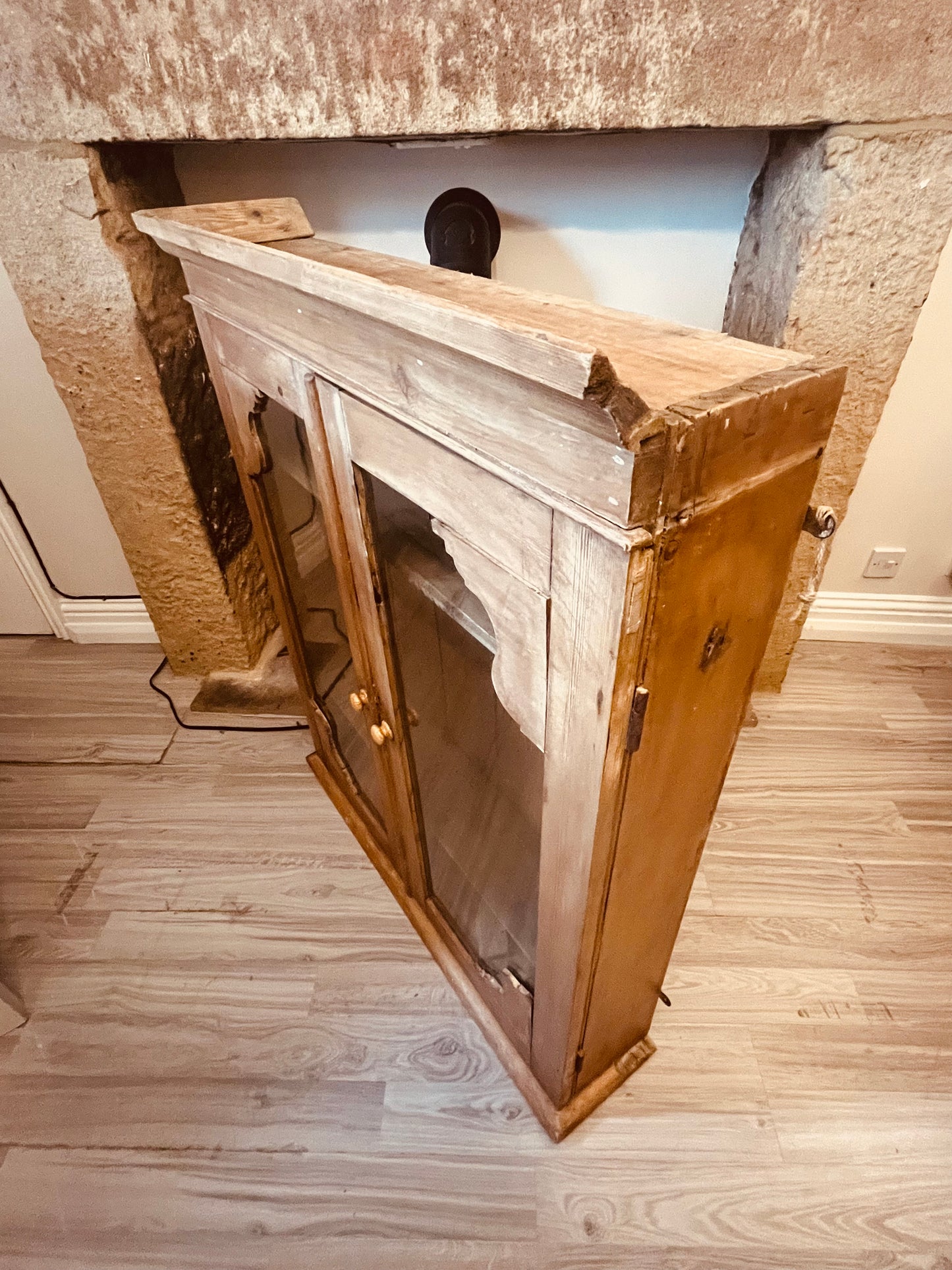 Antique Rustic Pine Glazed Cabinet – Glass Front Farmhouse Cupboard (c.1900–1915)