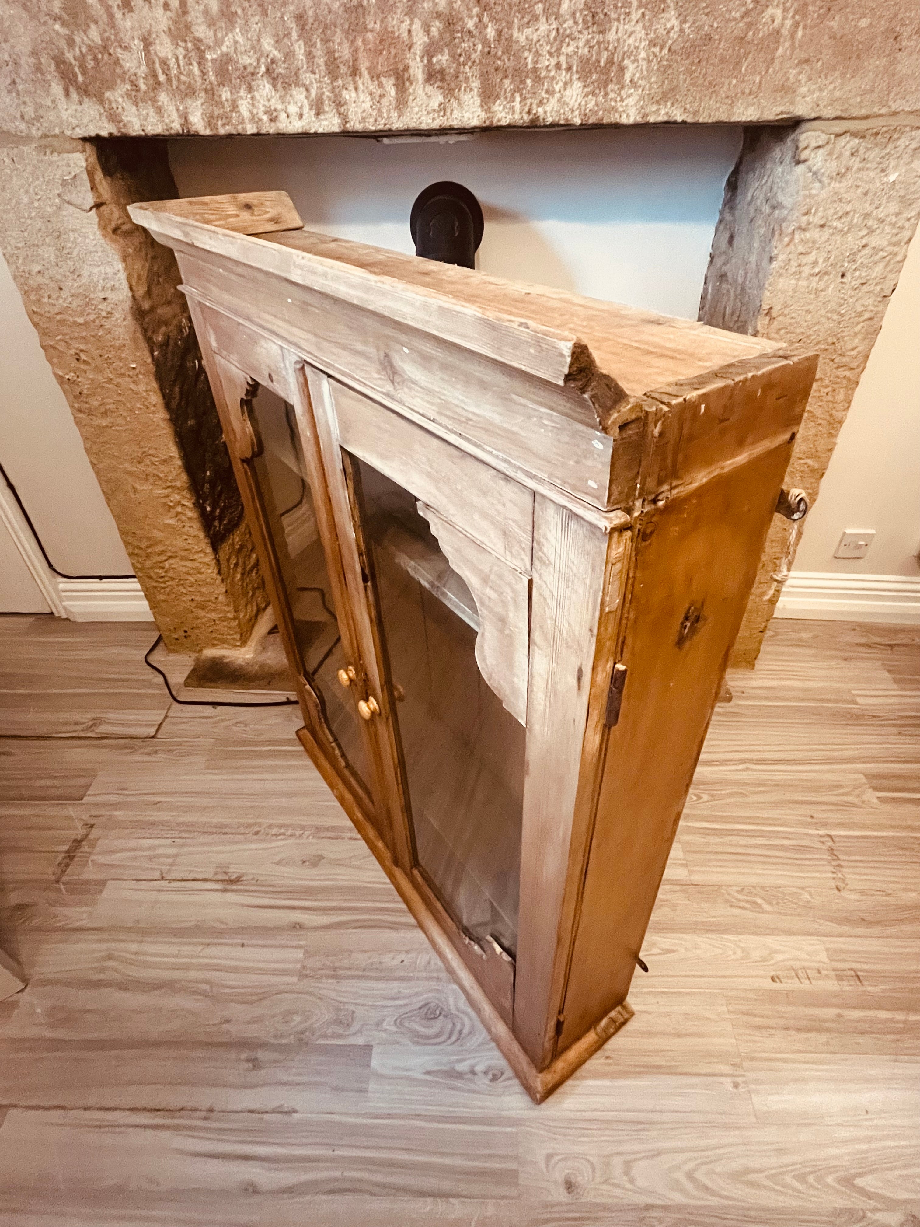 Antique Rustic Pine Glazed Cabinet – Glass Front Farmhouse Cupboard (c.1900–1915)