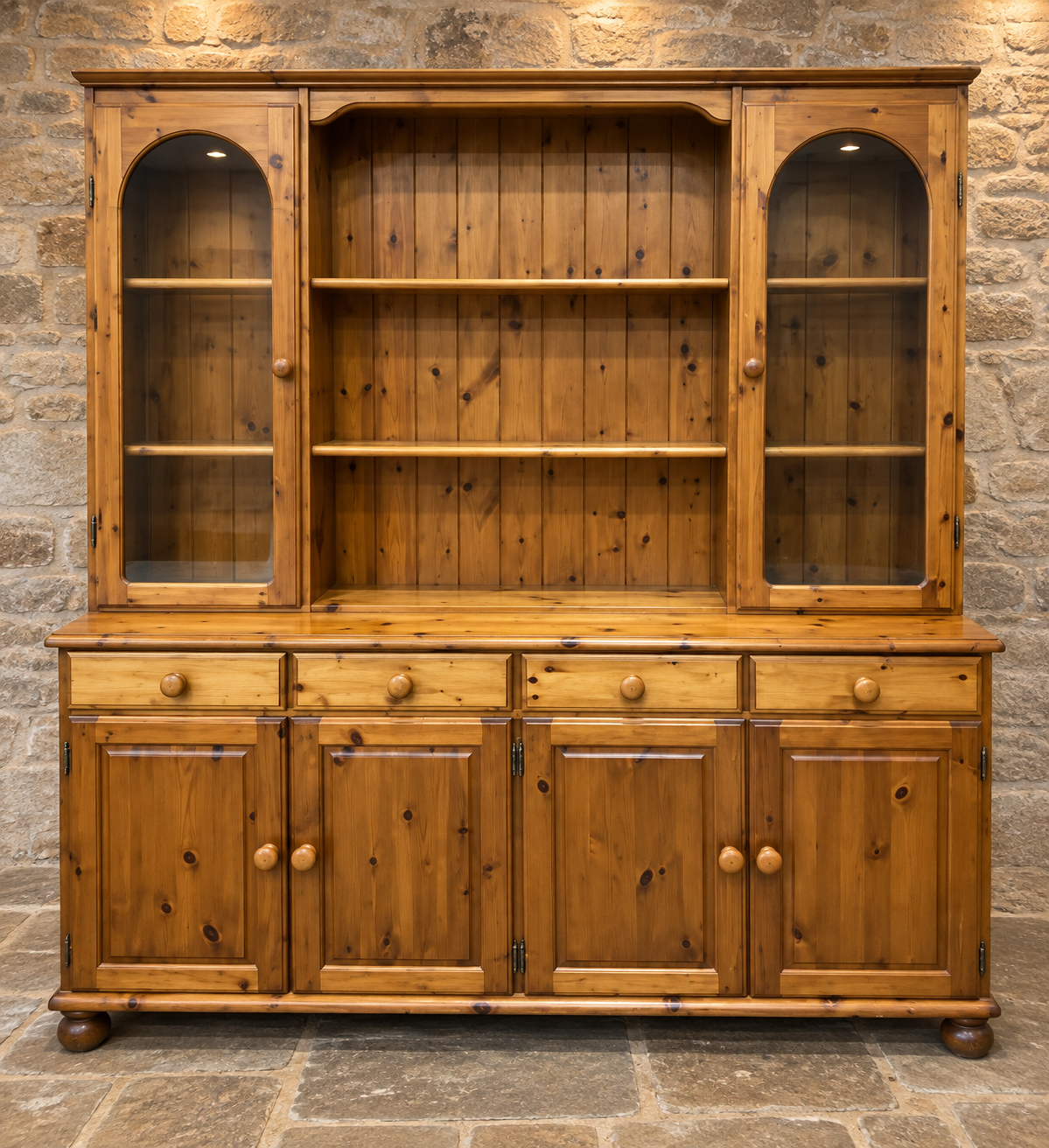 Vintage pine farmhouse dresser with glazed cupboards