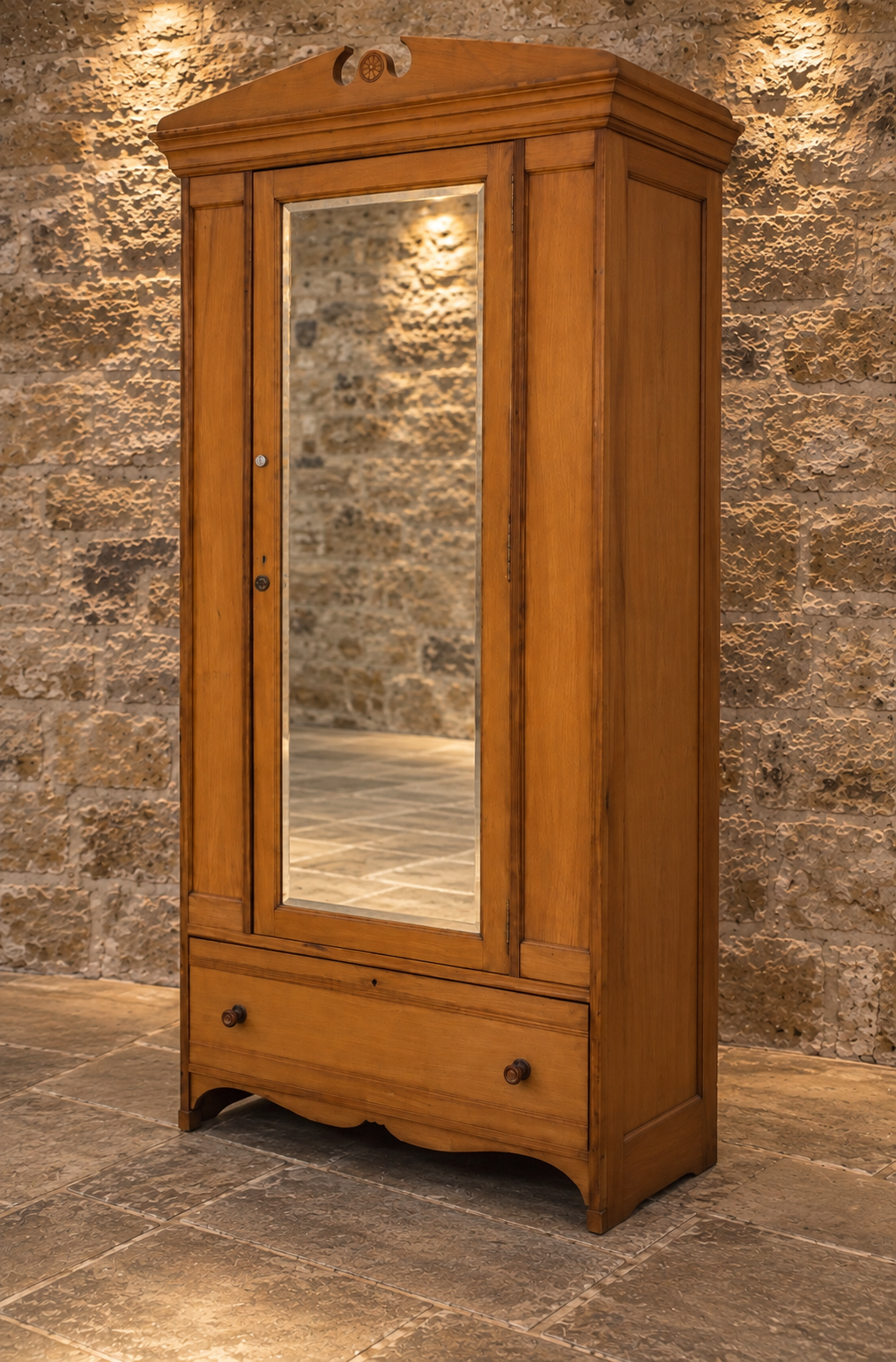 Antique Solid Oak Mirrored Wardrobe | Single Door Wardrobe with Drawer