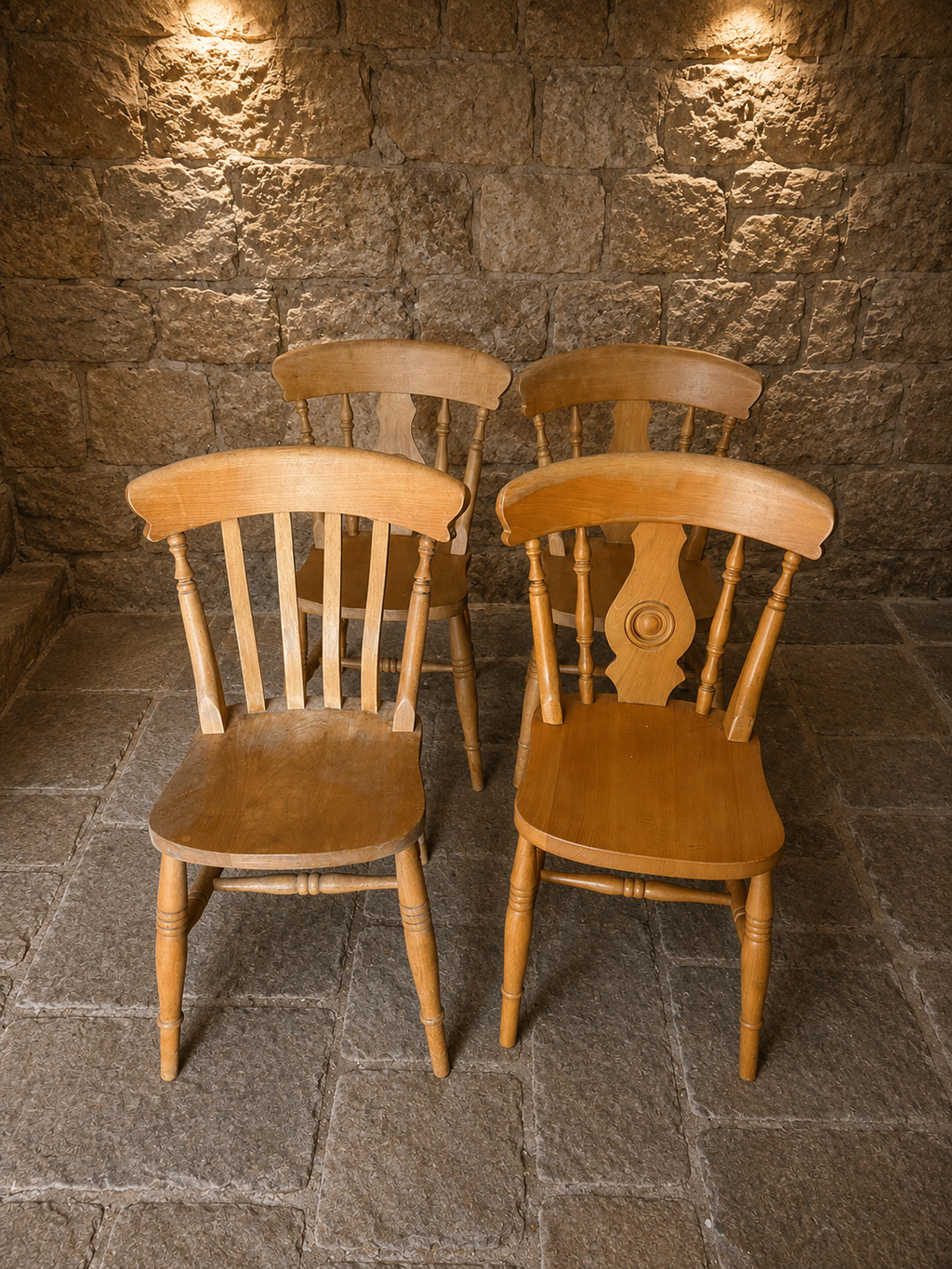 Set of Four Solid Elm & Beech Farmhouse Kitchen Chairs | Windsor Style Country Dining Chairs | Rustic Cottage Seating