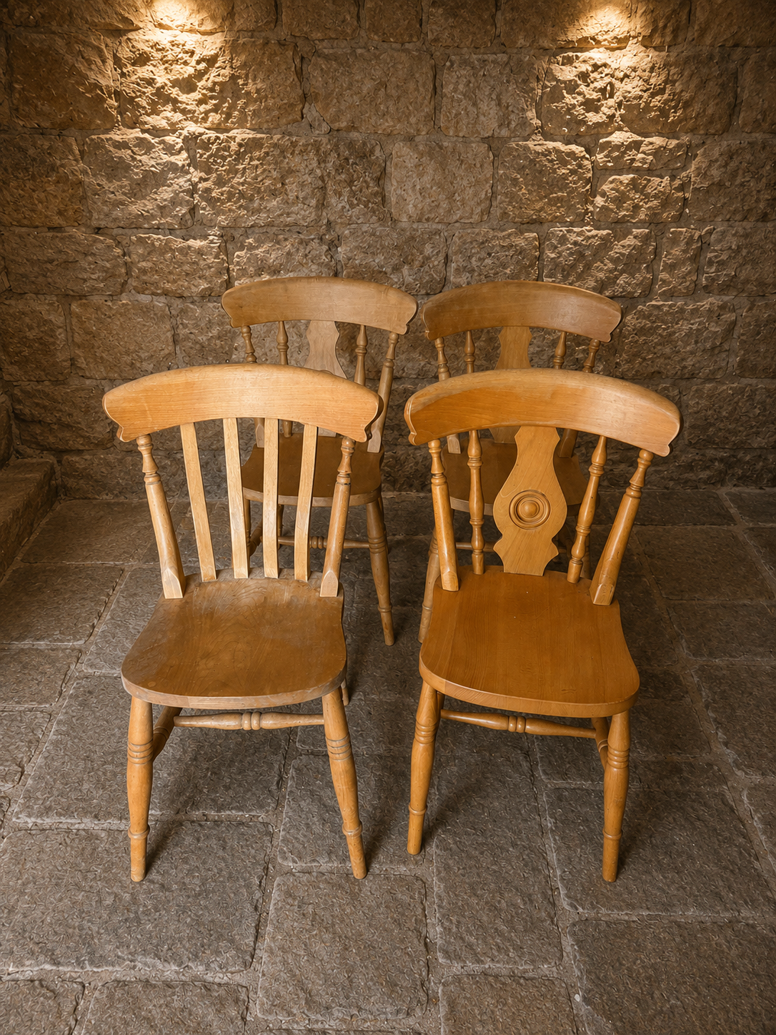 Set of Four Solid Elm & Beech Farmhouse Kitchen Chairs | Windsor Style Country Dining Chairs | Rustic Cottage Seating
