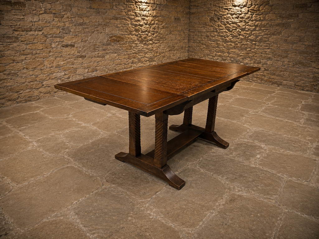 Vintage Dark Oak Extending Dining Table – Jacobean Style Carved Refectory Table